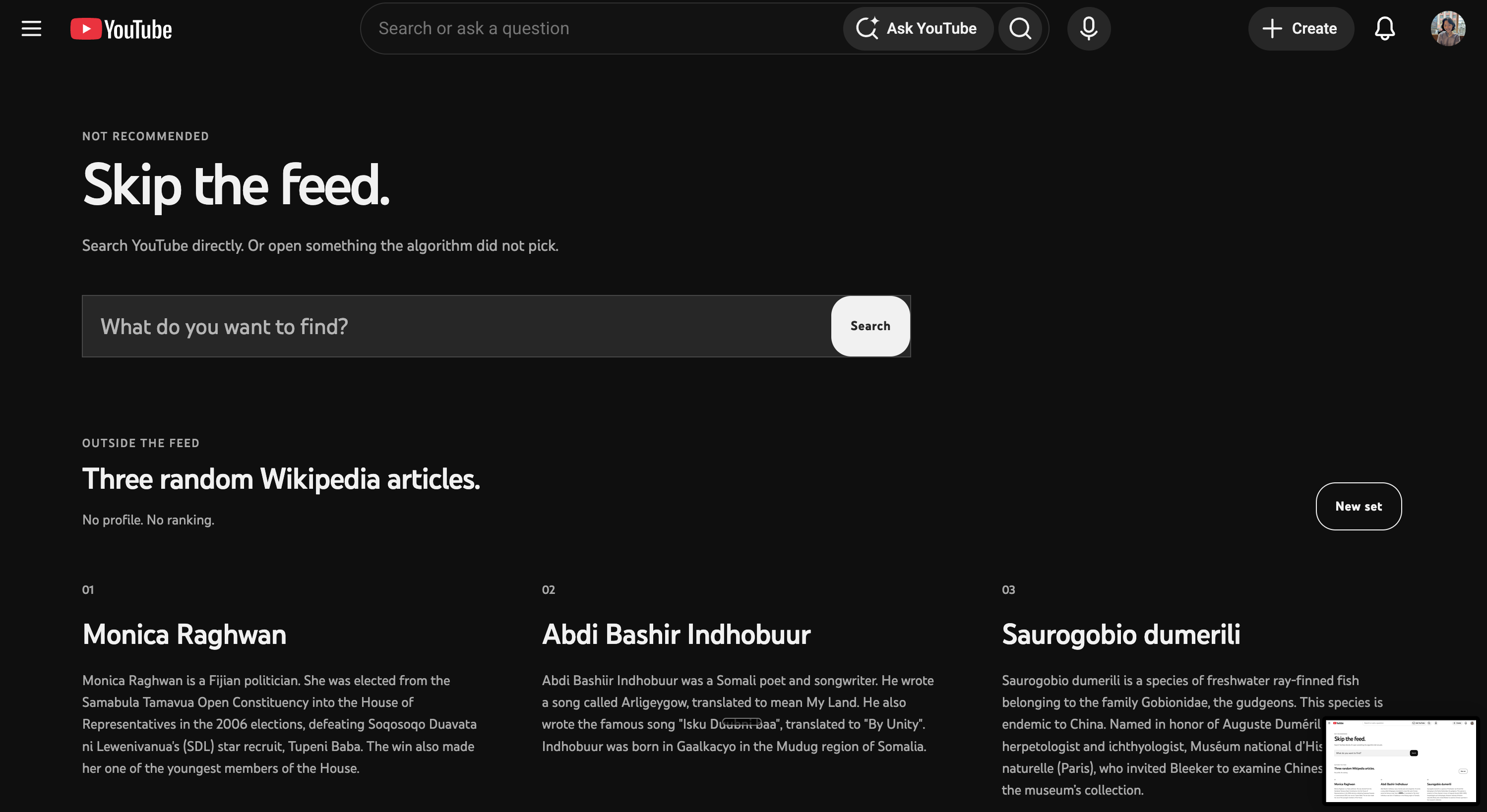 YouTube in dark mode with its home screen replaced by a question field and three random Wikipedia articles